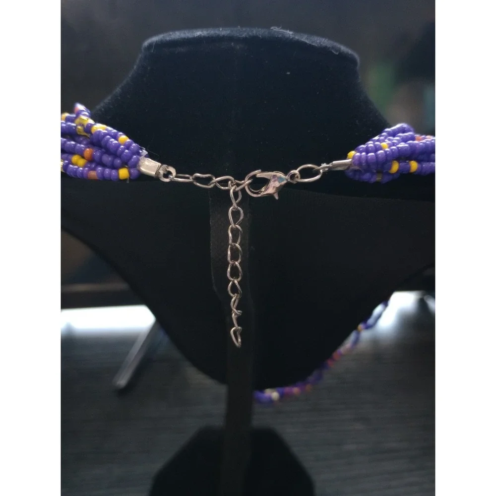 Handmade Purple Multi Strand‎ Seed Bead Necklace & Teardrop Earrings Set Boho...